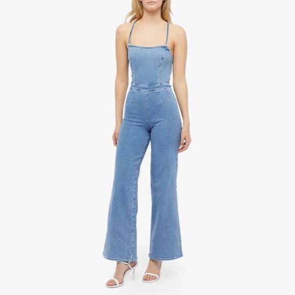 Good American Vacay Denim Jumpsuit Lace Up Back Flare Leg Stretchy Size 2 - Picture 1 of 10